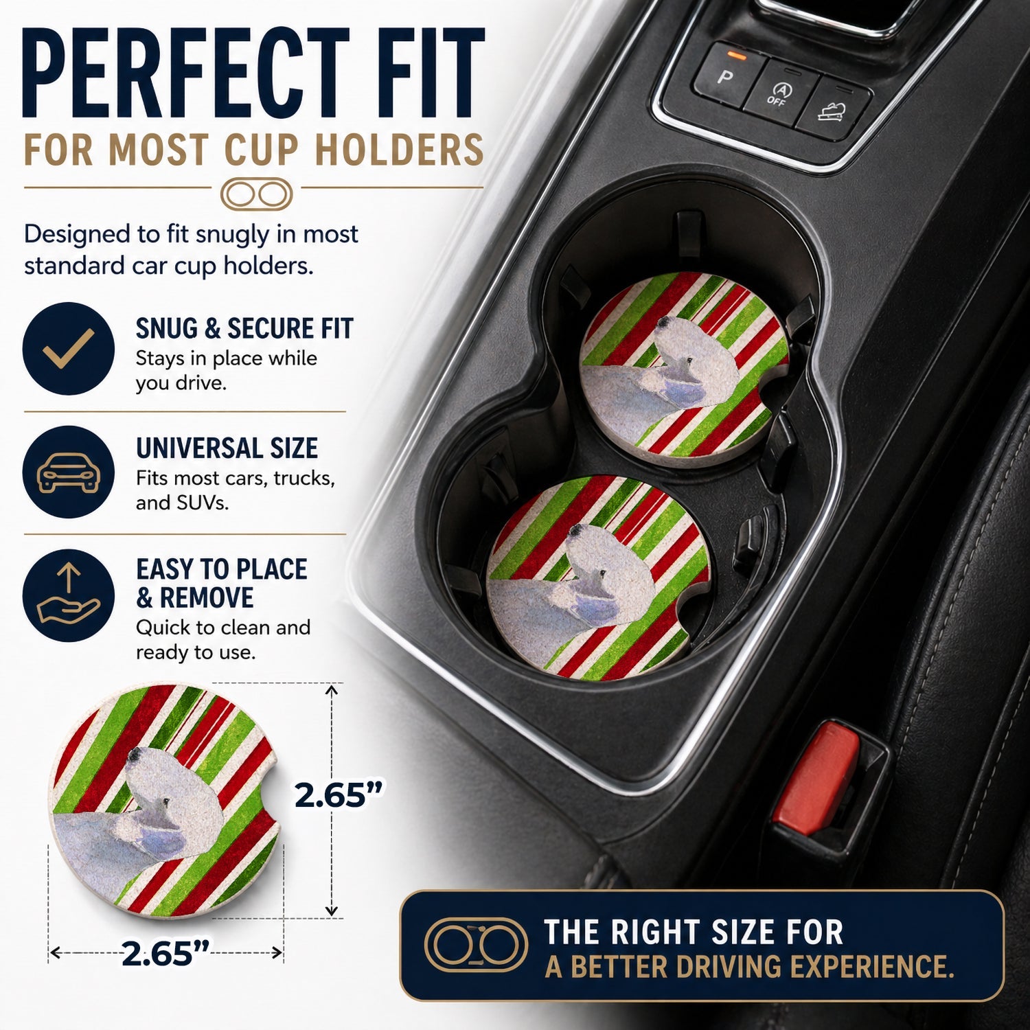 Bedlington Terrier Candy Cane Holiday Christmas Set of 2 Cup Holder Car Coasters Absorbent Round Sandstone Coasters Gifts for Men or Women, 2.5, Multicolor