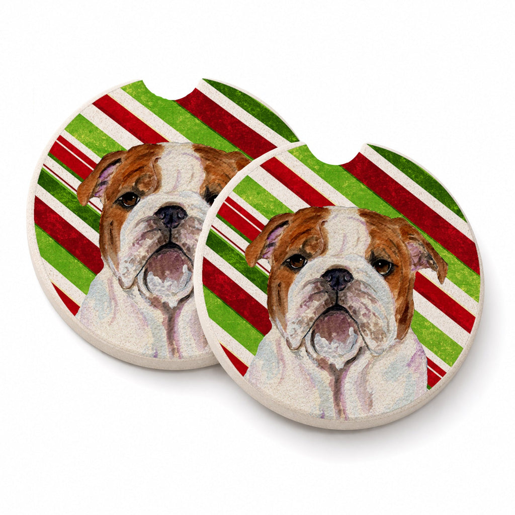 Bulldog English Candy Cane Holiday Christmas Set of 2 Cup Holder Car Coasters Absorbent Round Sandstone Coasters Gifts for Men or Women, 2.5, Multicolor