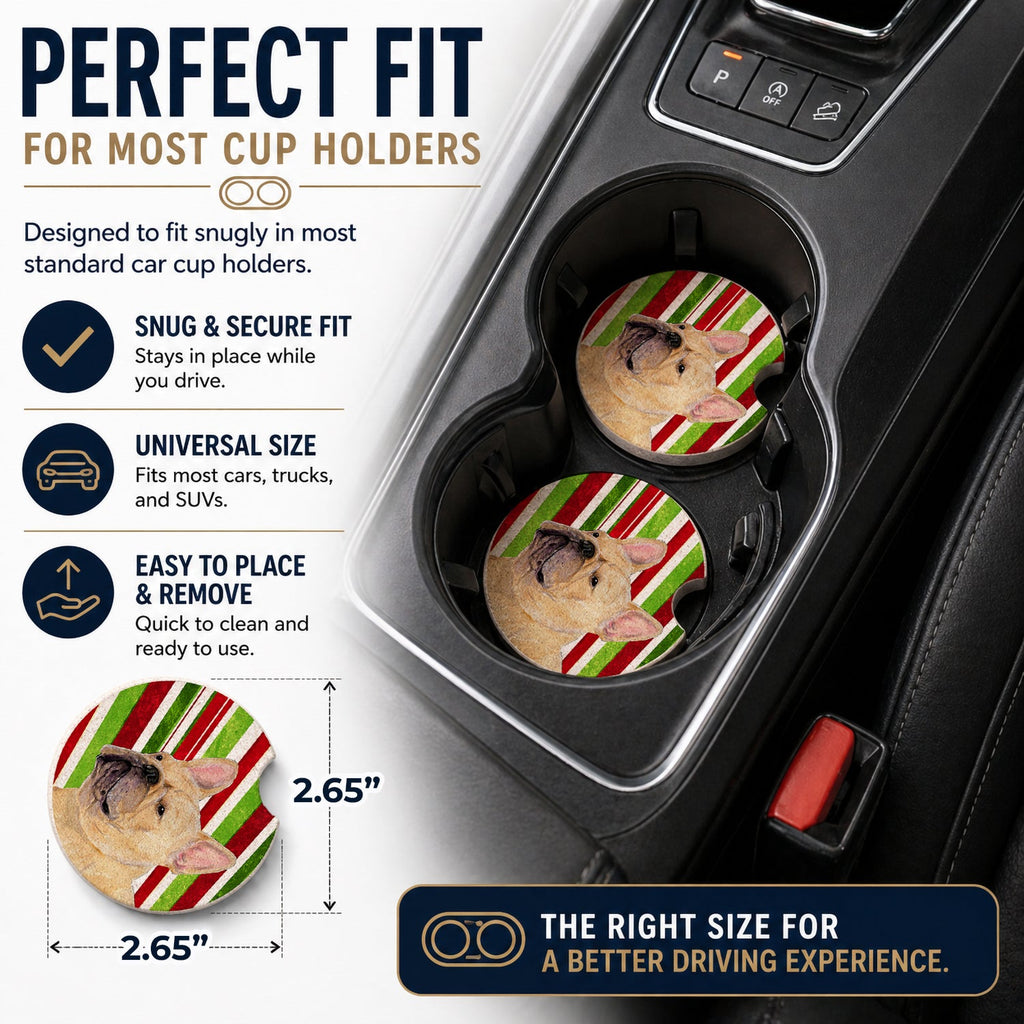 French Bulldog Candy Cane Holiday Christmas Set of 2 Cup Holder Car Coasters Absorbent Round Sandstone Coasters Gifts for Men or Women, 2.5, Multicolor
