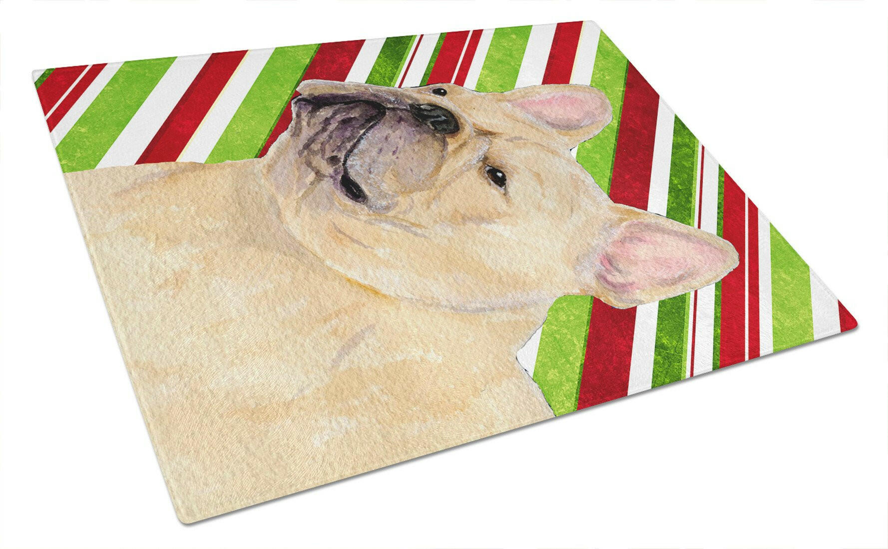French Bulldog Candy Cane Holiday Christmas Cutting Board Tempered Glass Kitchen Cutting Surface, Heat Resistant Chopping, Non-Slip Feet, Food Prep & Serving