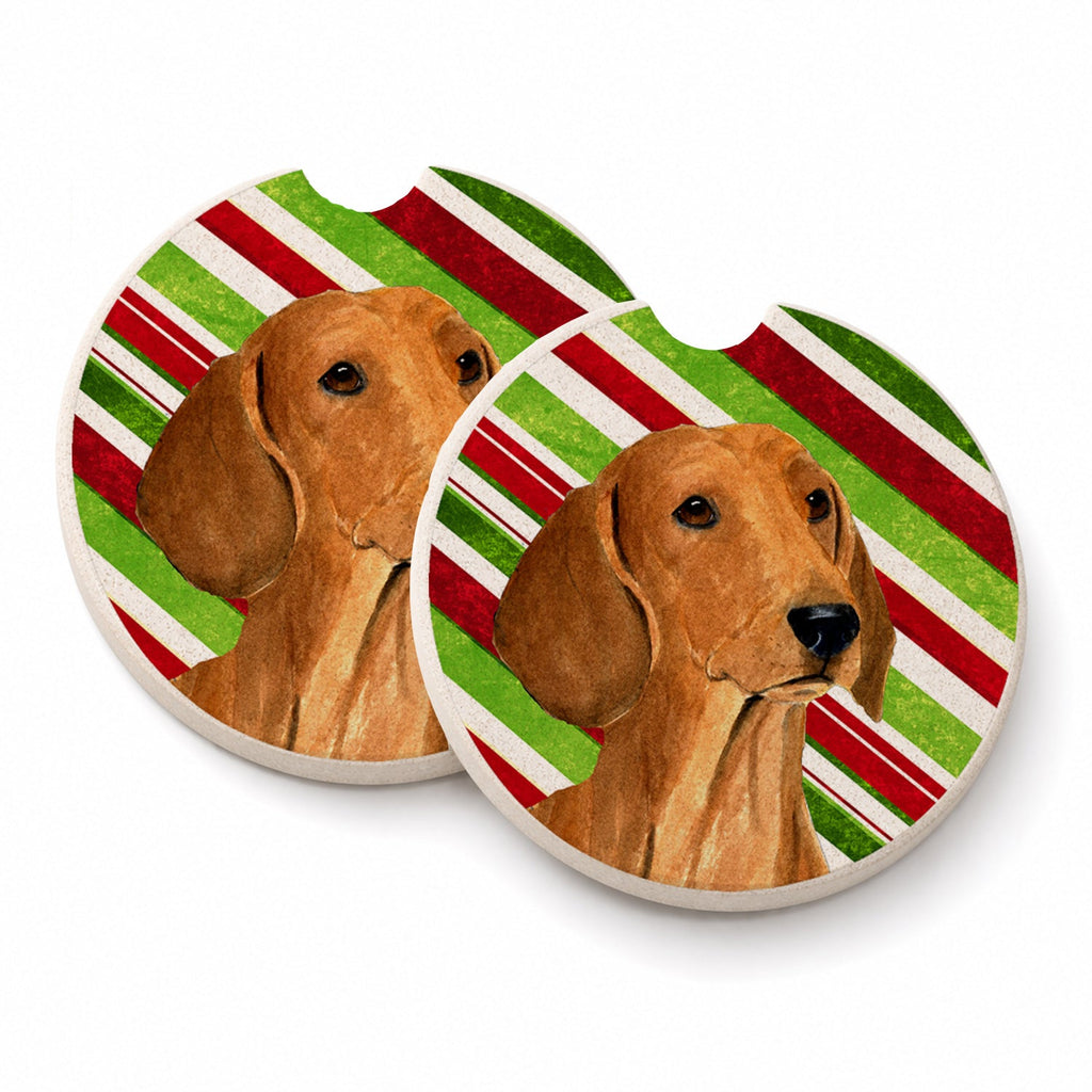 Dachshund Candy Cane Holiday Christmas Set of 2 Cup Holder Car Coasters Absorbent Round Sandstone Coasters Gifts for Men or Women, 2.5, Multicolor