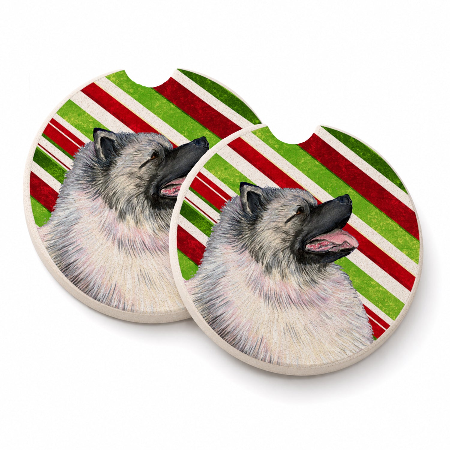 Keeshond Candy Cane Holiday Christmas Set of 2 Cup Holder Car Coasters Absorbent Round Sandstone Coasters Gifts for Men or Women, 2.5, Multicolor