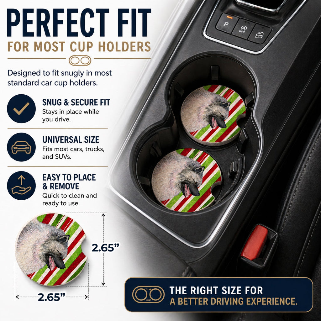 Keeshond Candy Cane Holiday Christmas Set of 2 Cup Holder Car Coasters Absorbent Round Sandstone Coasters Gifts for Men or Women, 2.5, Multicolor