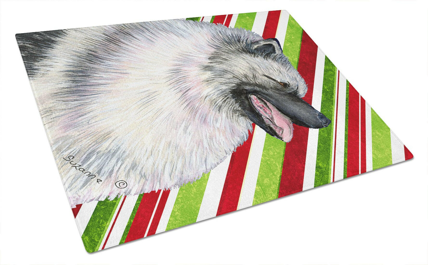 Keeshond Candy Cane Holiday Christmas Cutting Board Tempered Glass Kitchen Cutting Surface, Heat Resistant Chopping, Non-Slip Feet, Food Prep & Serving