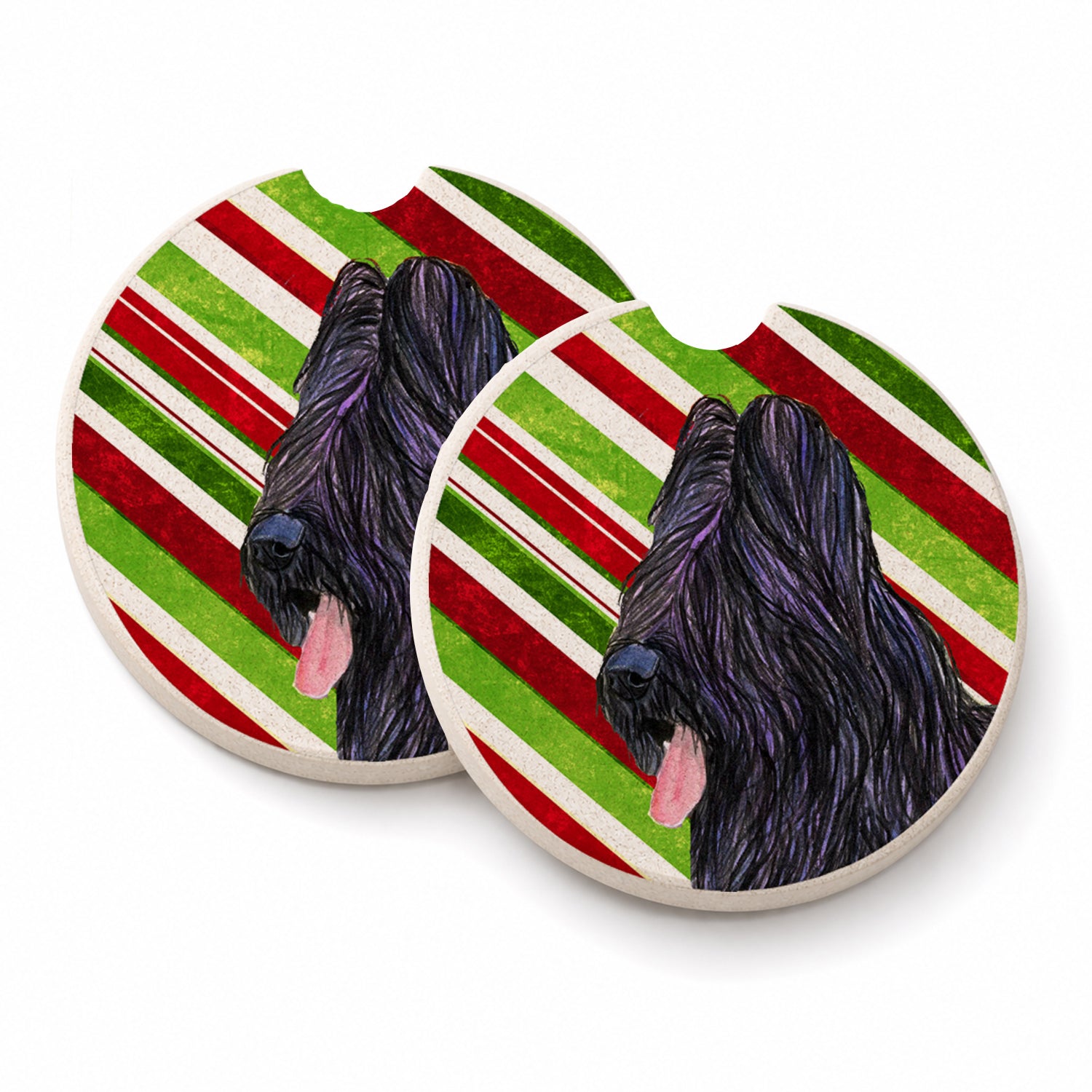Briard Candy Cane Holiday Christmas Set of 2 Cup Holder Car Coasters Absorbent Round Sandstone Coasters Gifts for Men or Women, 2.5, Multicolor