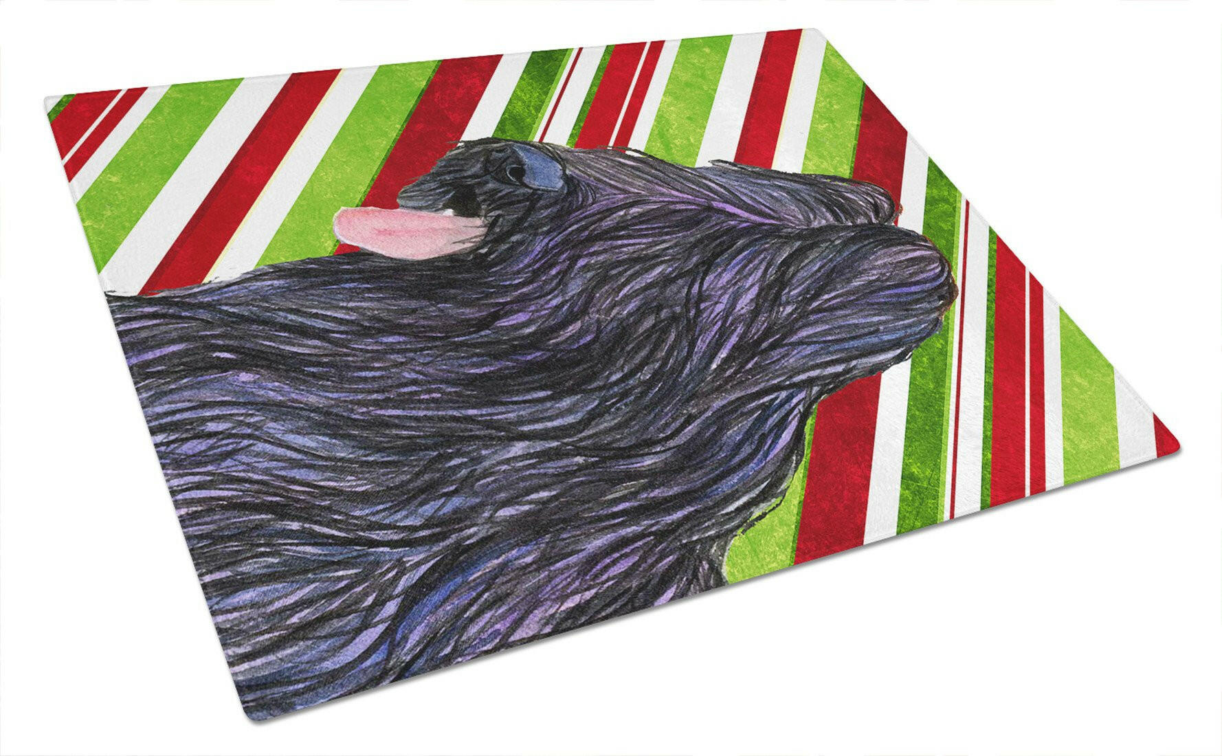 Briard Candy Cane Holiday Christmas Cutting Board Tempered Glass Kitchen Cutting Surface, Heat Resistant Chopping, Non-Slip Feet, Food Prep & Serving
