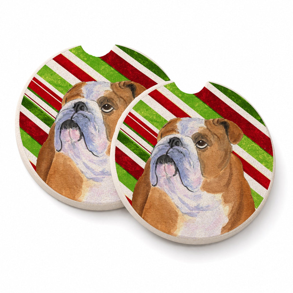 Bulldog English Candy Cane Holiday Christmas Set of 2 Cup Holder Car Coasters Absorbent Round Sandstone Coasters Gifts for Men or Women, 2.5, Multicolor