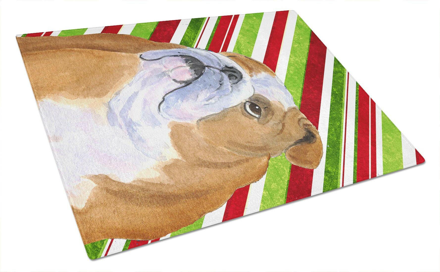 Bulldog English Candy Cane Holiday Christmas Cutting Board Tempered Glass Kitchen Cutting Surface, Heat Resistant Chopping, Non-Slip Feet, Food Prep & Serving