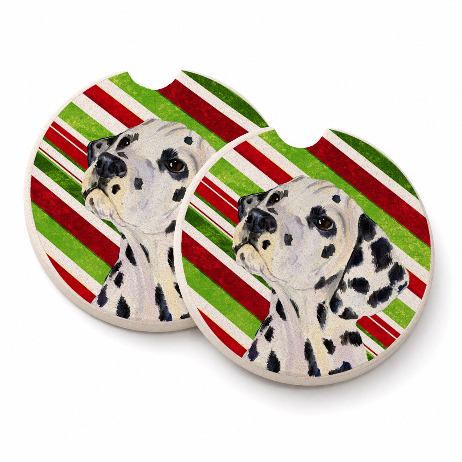 Dalmatian Candy Cane Holiday Christmas Set of 2 Cup Holder Car Coasters Absorbent Round Sandstone Coasters Gifts for Men or Women, 2.5, Multicolor
