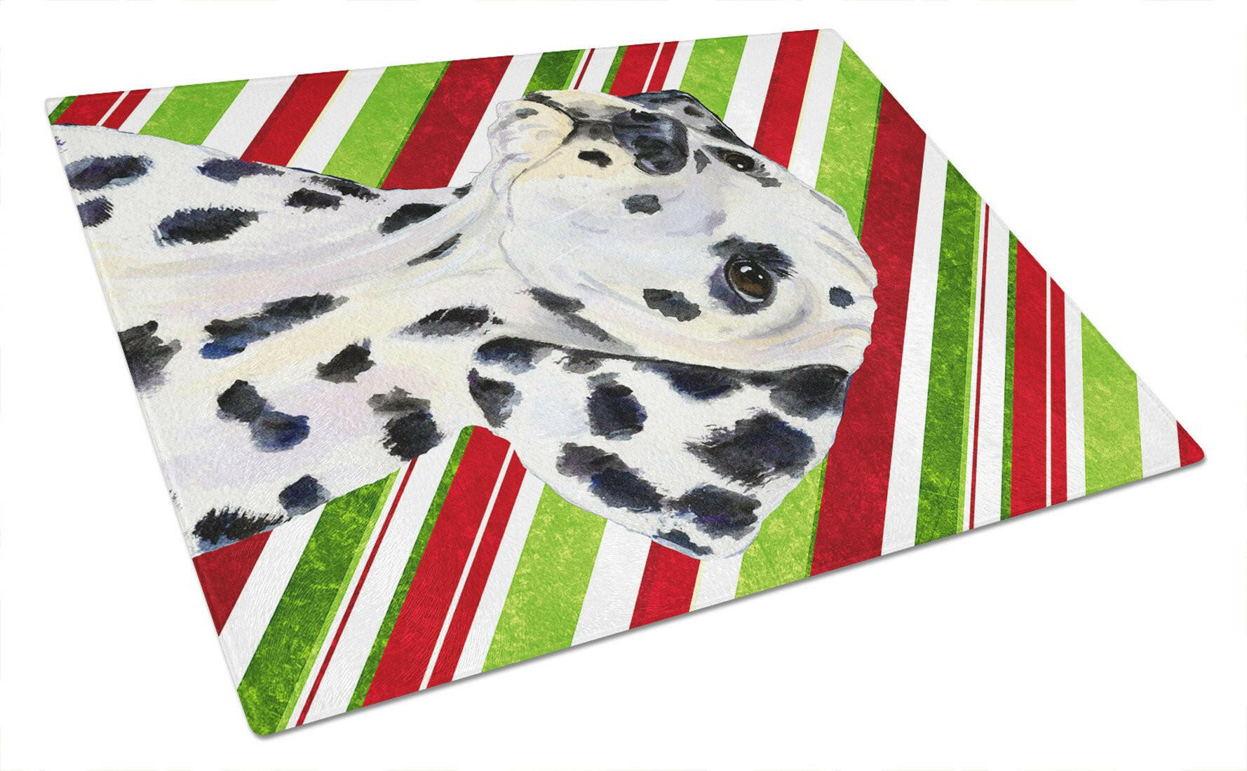 Dalmatian Candy Cane Holiday Christmas Cutting Board Tempered Glass Kitchen Cutting Surface, Heat Resistant Chopping, Non-Slip Feet, Food Prep & Serving