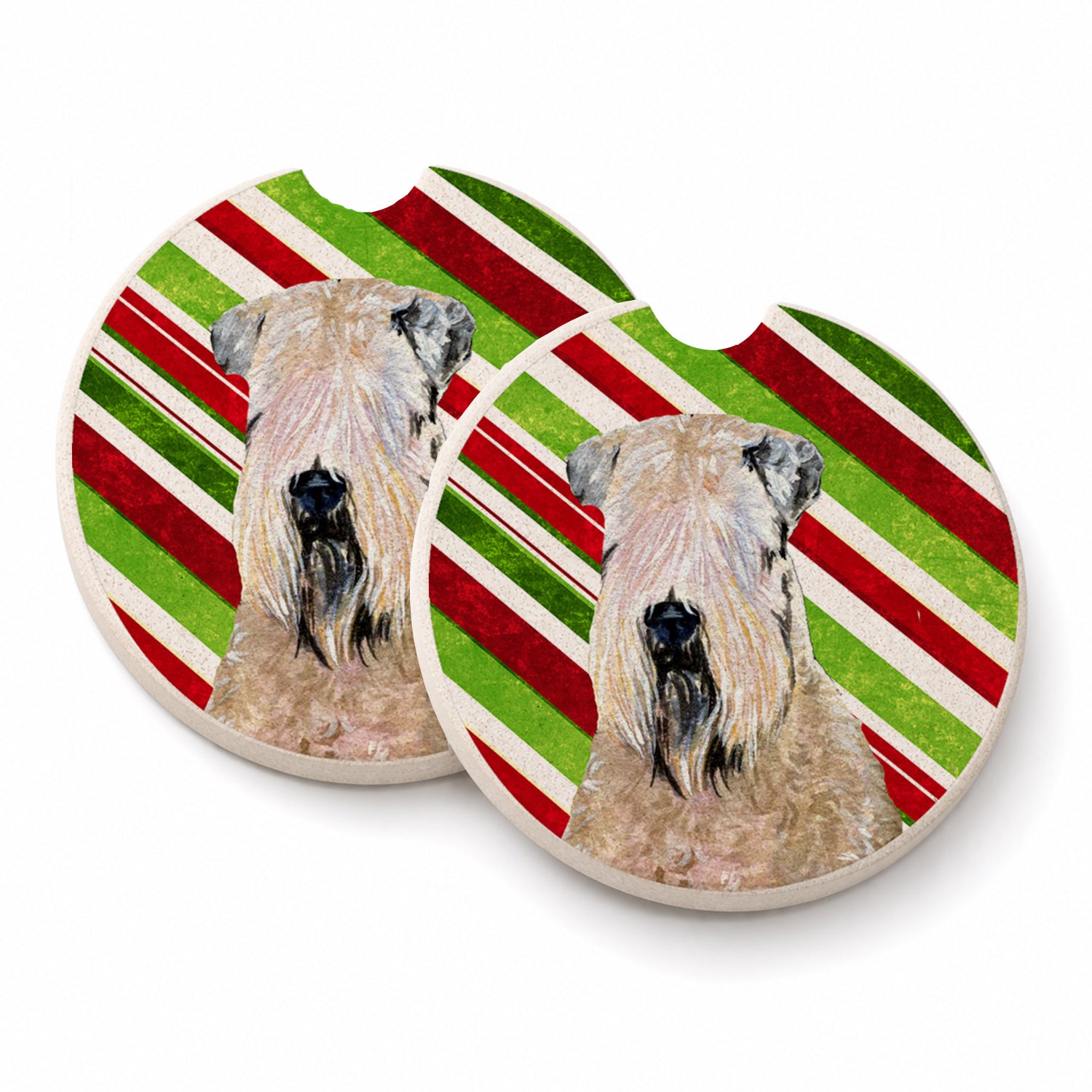 Wheaten Terrier Soft Coated Candy Cane Holiday Christmas Set of 2 Cup Holder Car Coasters Absorbent Round Sandstone Coasters Gifts for Men or Women, 2.5, Multicolor