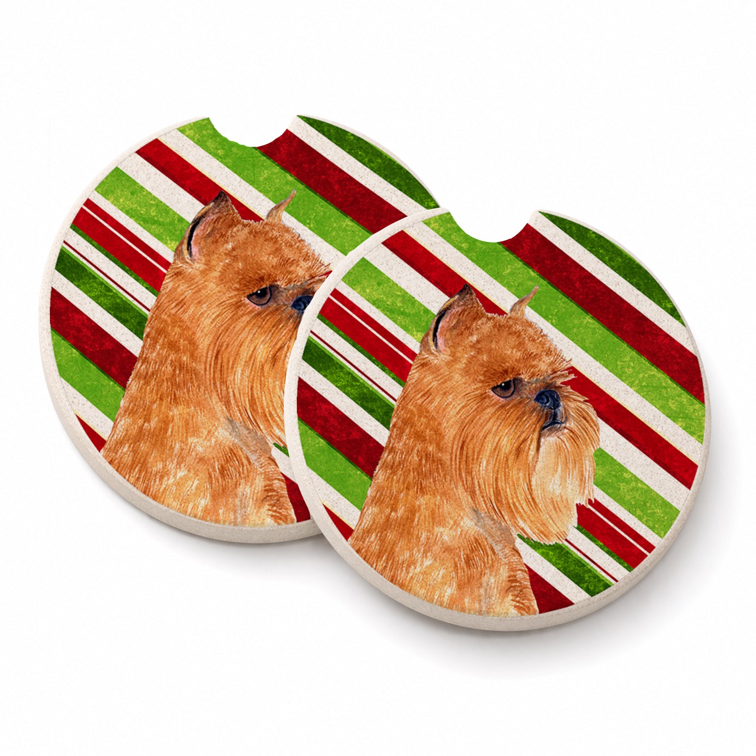 Brussels Griffon Candy Cane Holiday Christmas Set of 2 Cup Holder Car Coasters Absorbent Round Sandstone Coasters Gifts for Men or Women, 2.5, Multicolor