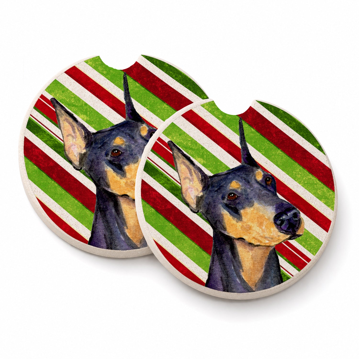 Doberman Candy Cane Holiday Christmas Set of 2 Cup Holder Car Coasters Absorbent Round Sandstone Coasters Gifts for Men or Women, 2.5, Multicolor