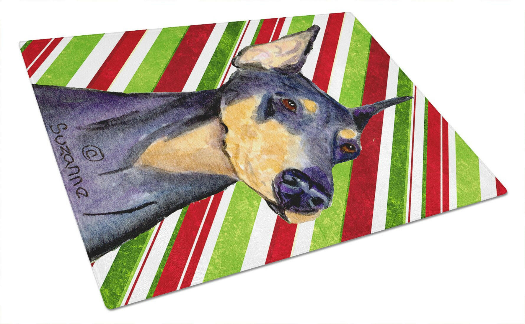 Doberman Candy Cane Holiday Christmas Cutting Board Tempered Glass Kitchen Cutting Surface, Heat Resistant Chopping, Non-Slip Feet, Food Prep & Serving