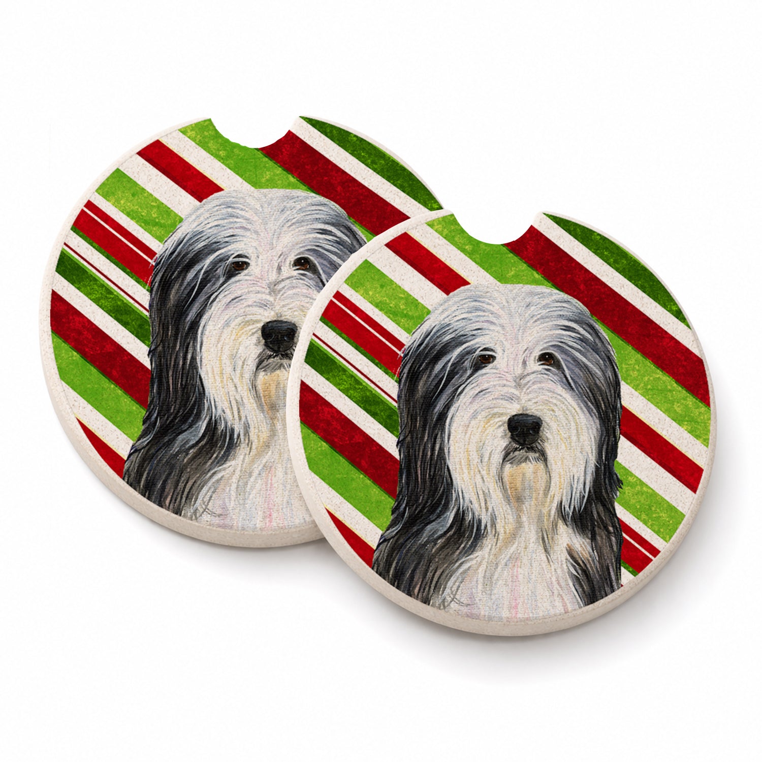 Bearded Collie Candy Cane Holiday Christmas Set of 2 Cup Holder Car Coasters Absorbent Round Sandstone Coasters Gifts for Men or Women, 2.5, Multicolor