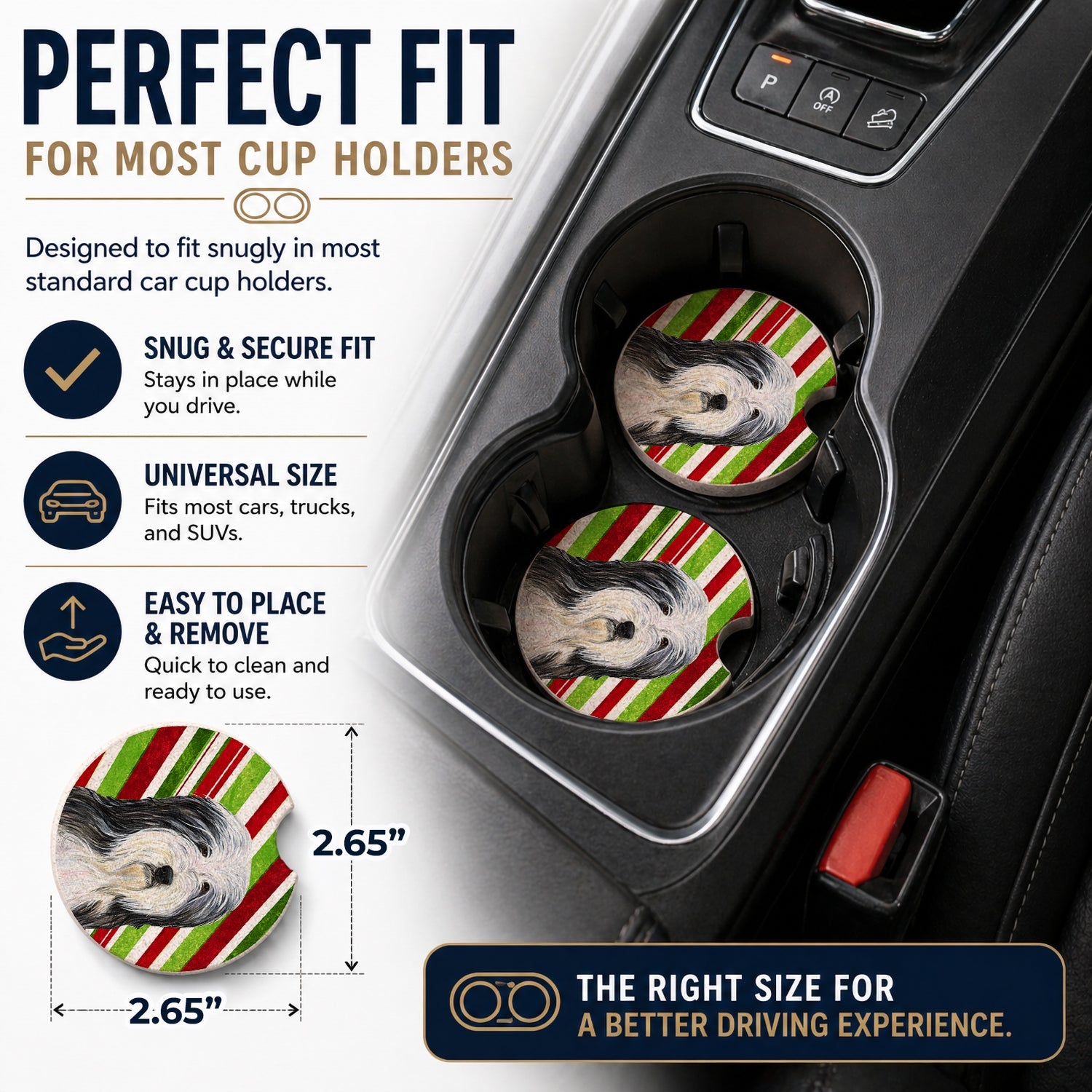 Bearded Collie Candy Cane Holiday Christmas Set of 2 Cup Holder Car Coasters Absorbent Round Sandstone Coasters Gifts for Men or Women, 2.5, Multicolor