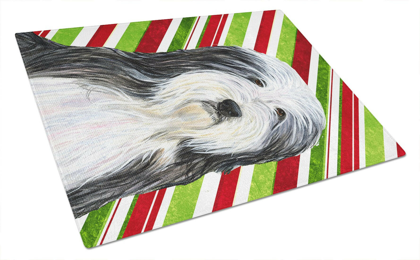 Bearded Collie Candy Cane Holiday Christmas Cutting Board Tempered Glass Kitchen Cutting Surface, Heat Resistant Chopping, Non-Slip Feet, Food Prep & Serving
