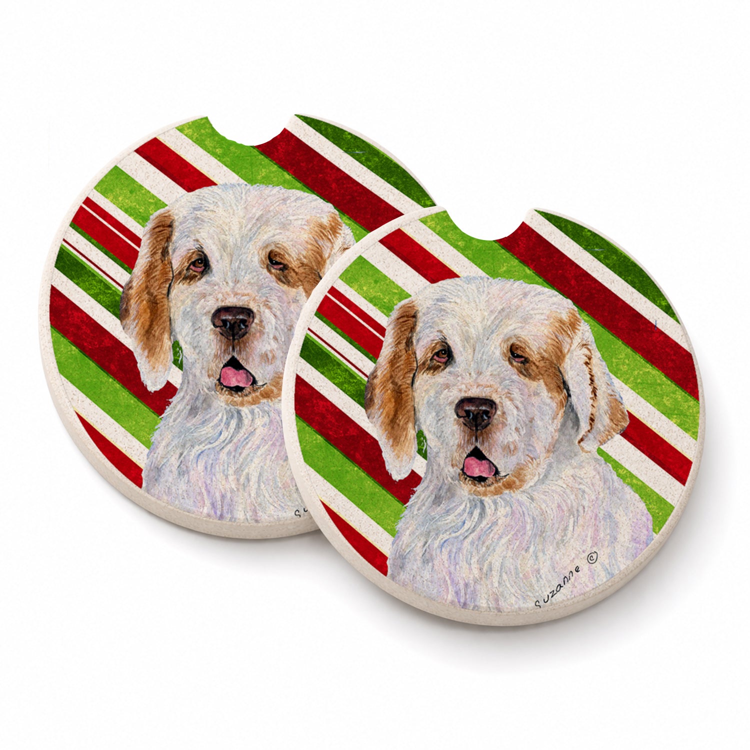 Clumber Spaniel Candy Cane Holiday Christmas Set of 2 Cup Holder Car Coasters Absorbent Round Sandstone Coasters Gifts for Men or Women, 2.5, Multicolor