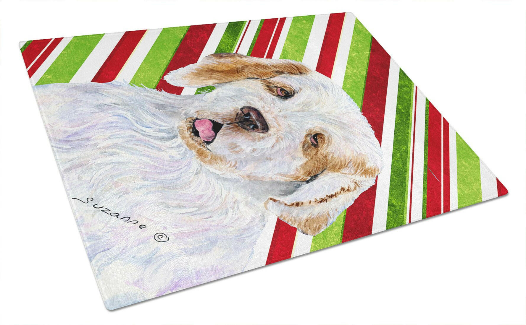 Clumber Spaniel Candy Cane Holiday Christmas Cutting Board Tempered Glass Kitchen Cutting Surface, Heat Resistant Chopping, Non-Slip Feet, Food Prep & Serving