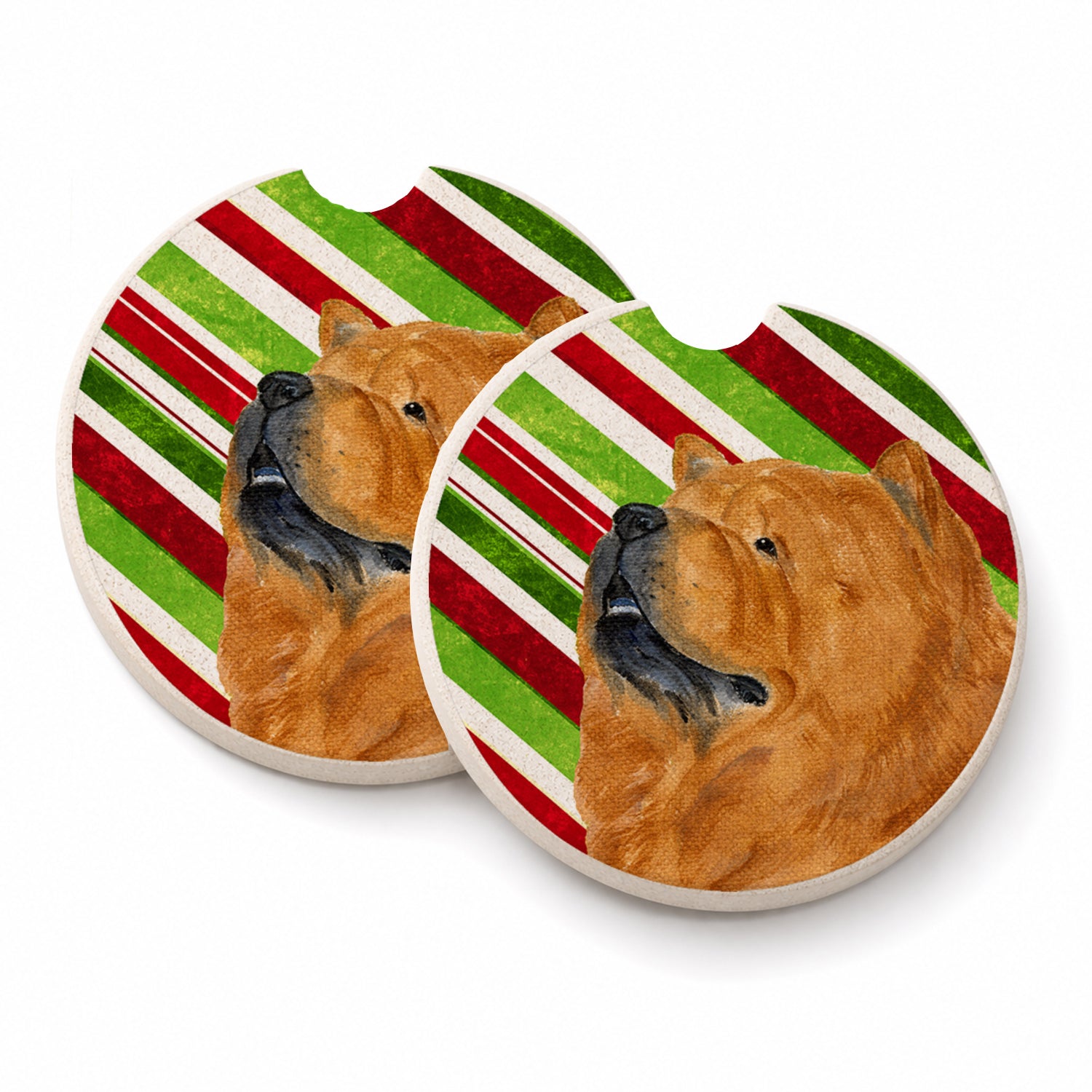 Chow Chow Candy Cane Holiday Christmas Set of 2 Cup Holder Car Coasters Absorbent Round Sandstone Coasters Gifts for Men or Women, 2.5, Multicolor