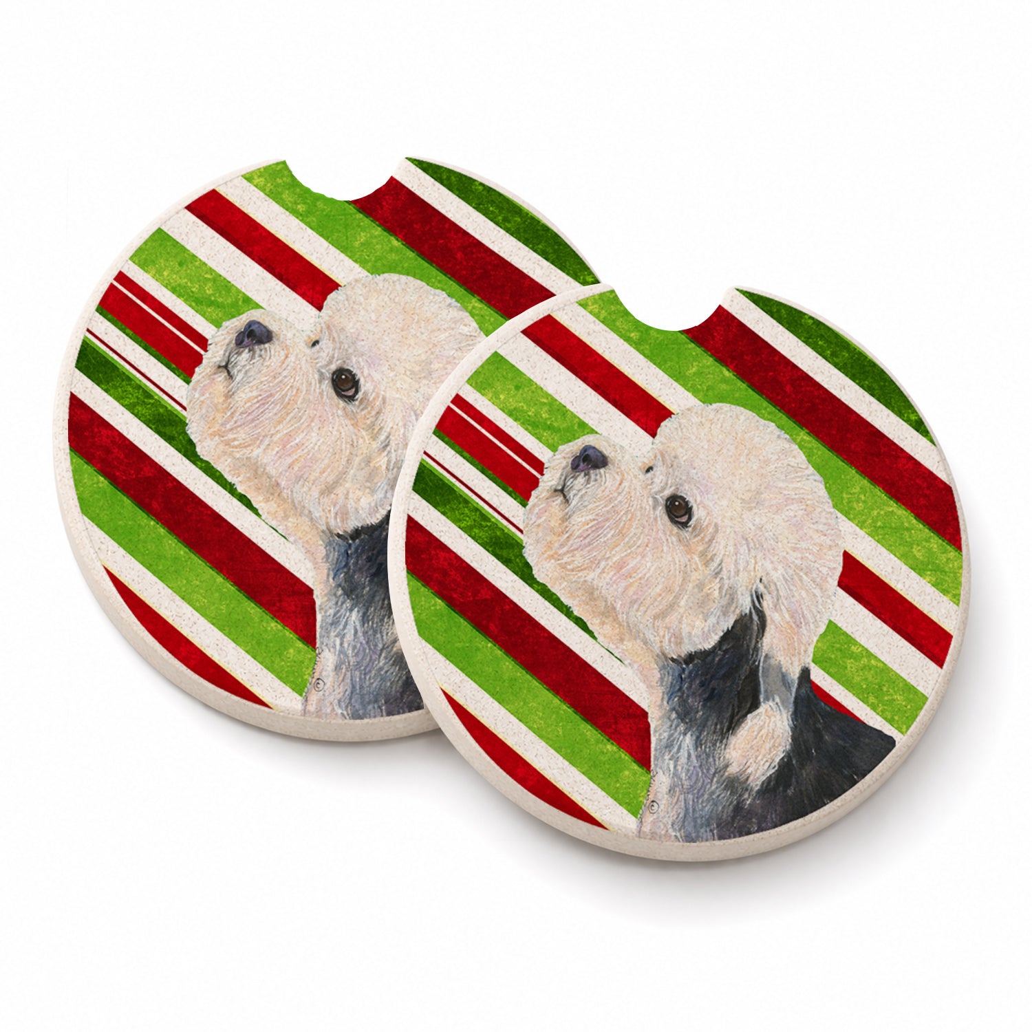 Dandie Dinmont Terrier Candy Cane Holiday Christmas Set of 2 Cup Holder Car Coasters Absorbent Round Sandstone Coasters Gifts for Men or Women, 2.5, Multicolor