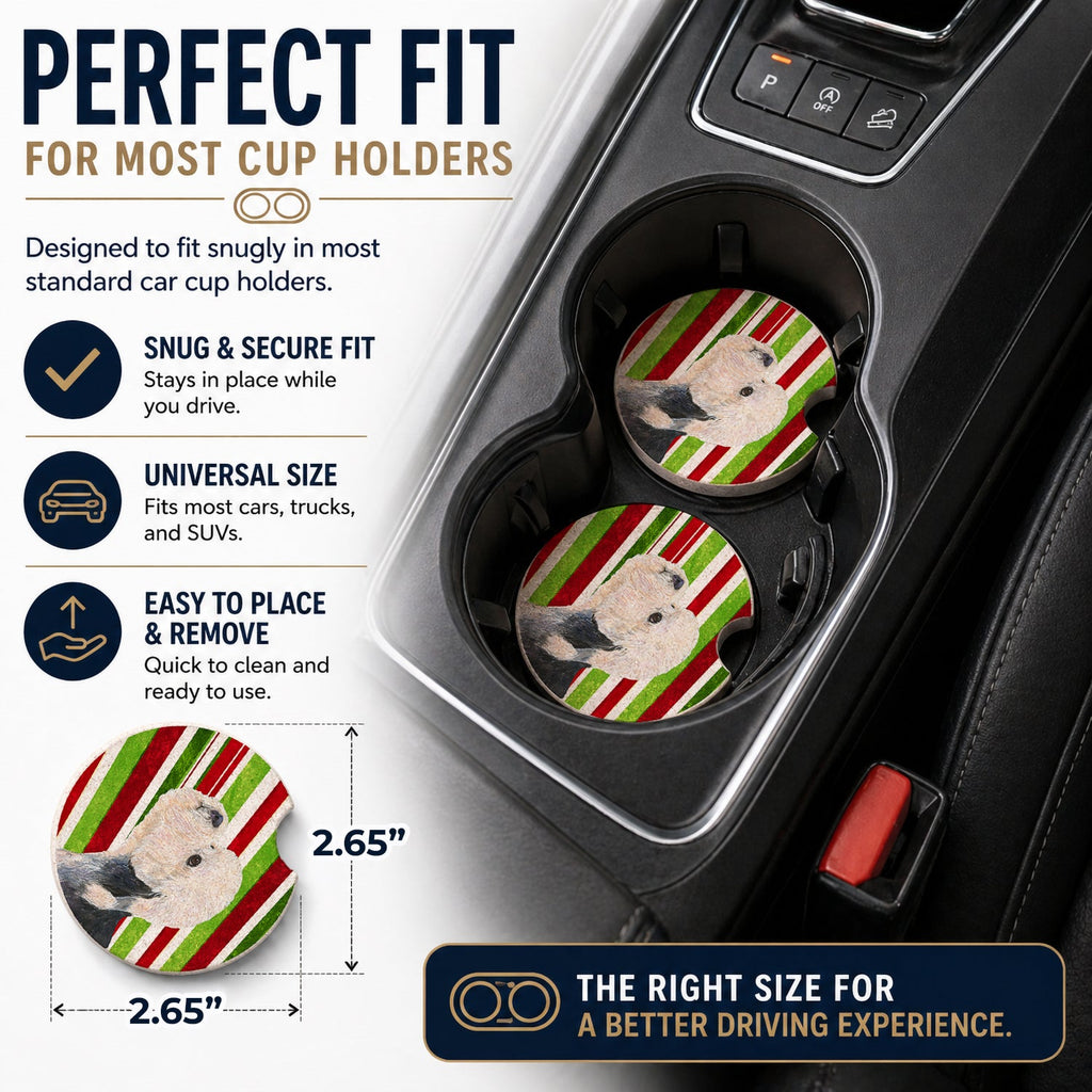 Dandie Dinmont Terrier Candy Cane Holiday Christmas Set of 2 Cup Holder Car Coasters Absorbent Round Sandstone Coasters Gifts for Men or Women, 2.5, Multicolor