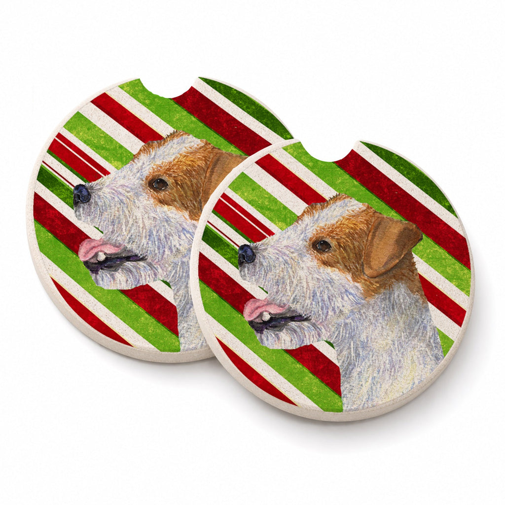 Jack Russell Terrier Candy Cane Holiday Christmas Set of 2 Cup Holder Car Coasters Absorbent Round Sandstone Coasters Gifts for Men or Women, 2.5, Multicolor