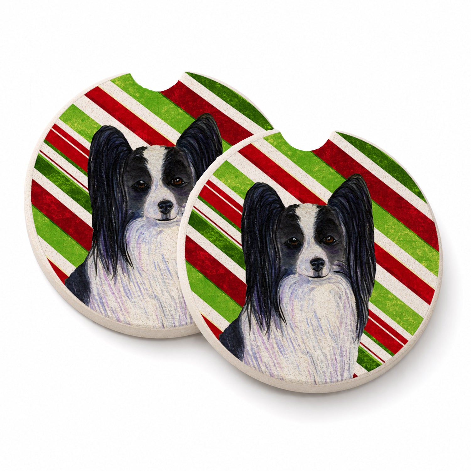 Papillon Candy Cane Holiday Christmas Set of 2 Cup Holder Car Coasters Absorbent Round Sandstone Coasters Gifts for Men or Women, 2.5, Multicolor