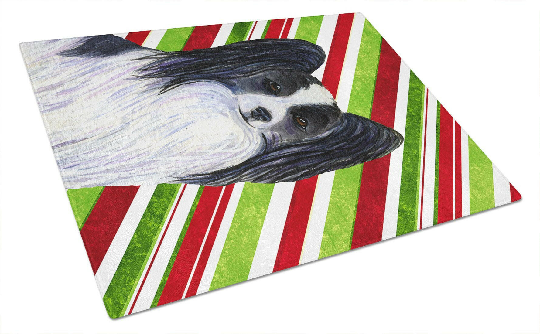 Papillon Candy Cane Holiday Christmas Cutting Board Tempered Glass Kitchen Cutting Surface, Heat Resistant Chopping, Non-Slip Feet, Food Prep & Serving