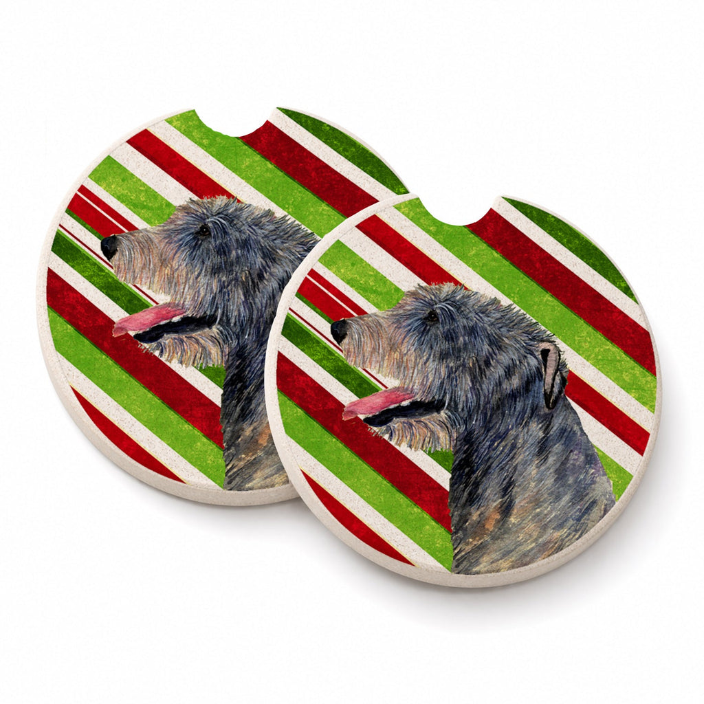 Irish Wolfhound Candy Cane Holiday Christmas Set of 2 Cup Holder Car Coasters Absorbent Round Sandstone Coasters Gifts for Men or Women, 2.5, Multicolor