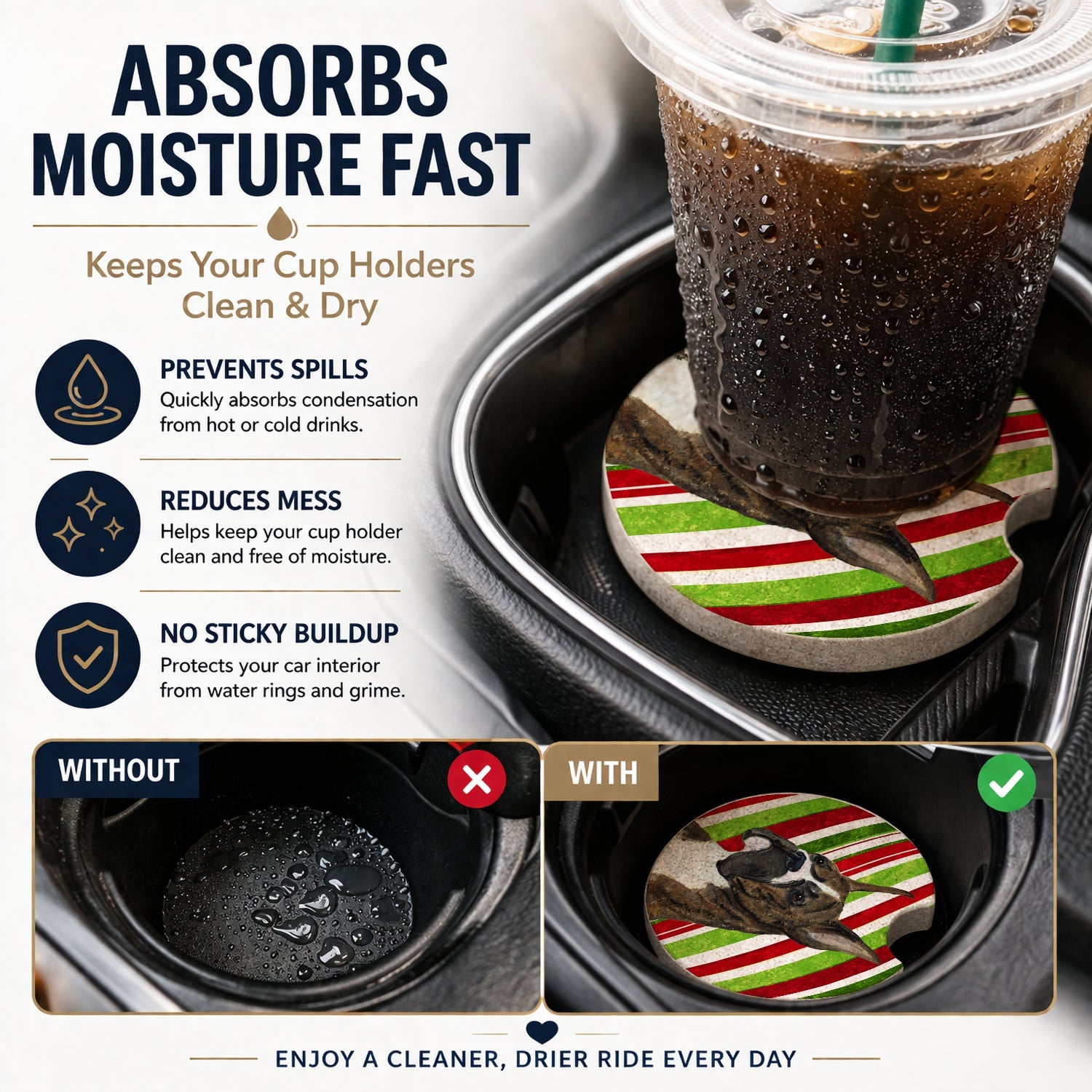 Boxer Candy Cane Holiday Christmas Set of 2 Cup Holder Car Coasters Absorbent Round Sandstone Coasters Gifts for Men or Women, 2.5, Multicolor