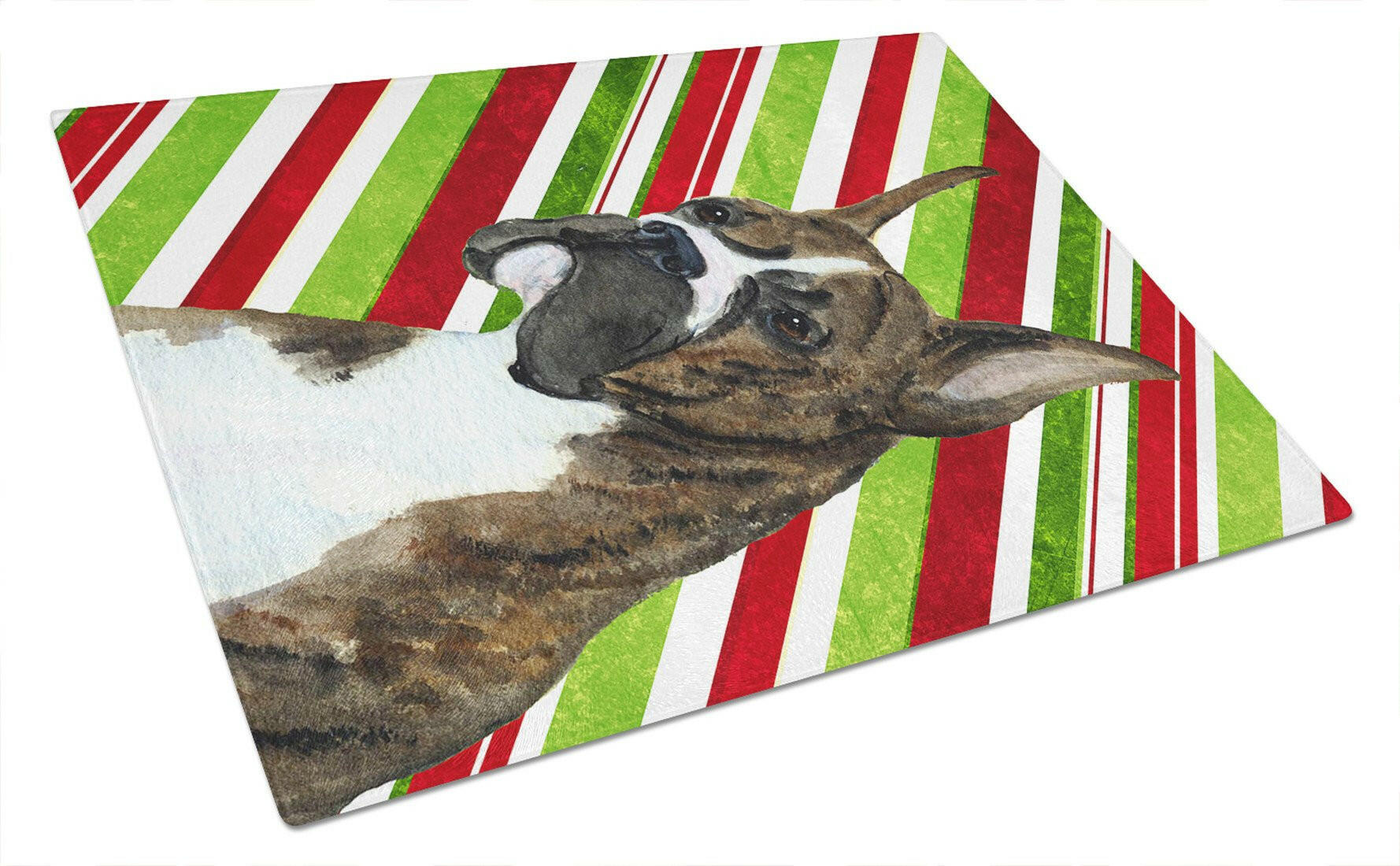 Boxer Candy Cane Holiday Christmas Cutting Board Tempered Glass Kitchen Cutting Surface, Heat Resistant Chopping, Non-Slip Feet, Food Prep & Serving