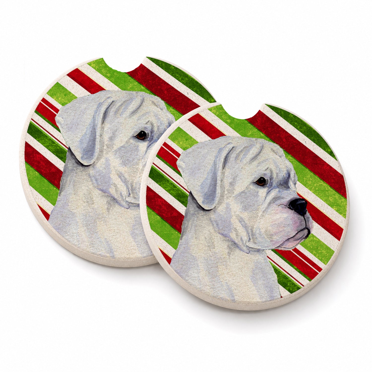 Boxer Candy Cane Holiday Christmas Set of 2 Cup Holder Car Coasters Absorbent Round Sandstone Coasters Gifts for Men or Women, 2.5, Multicolor