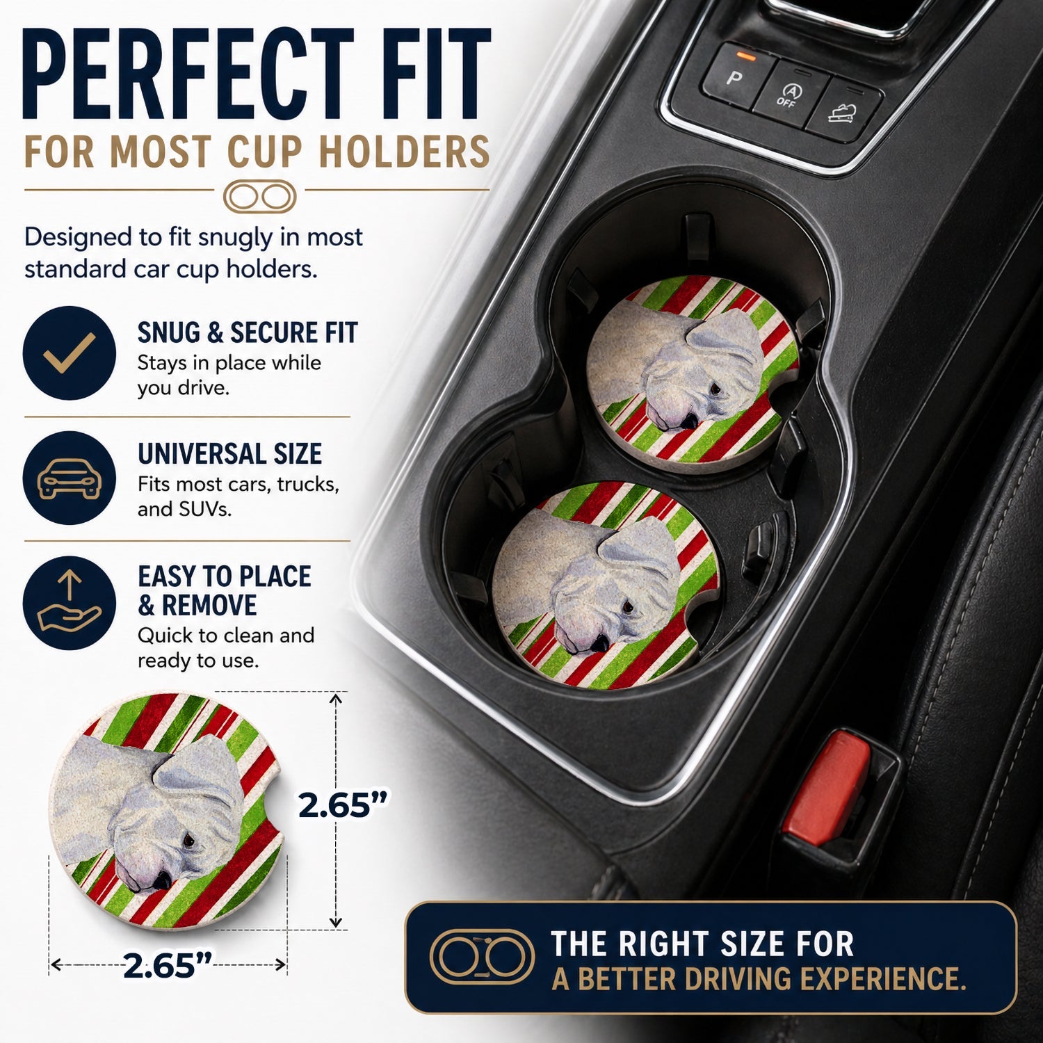Boxer Candy Cane Holiday Christmas Set of 2 Cup Holder Car Coasters Absorbent Round Sandstone Coasters Gifts for Men or Women, 2.5, Multicolor