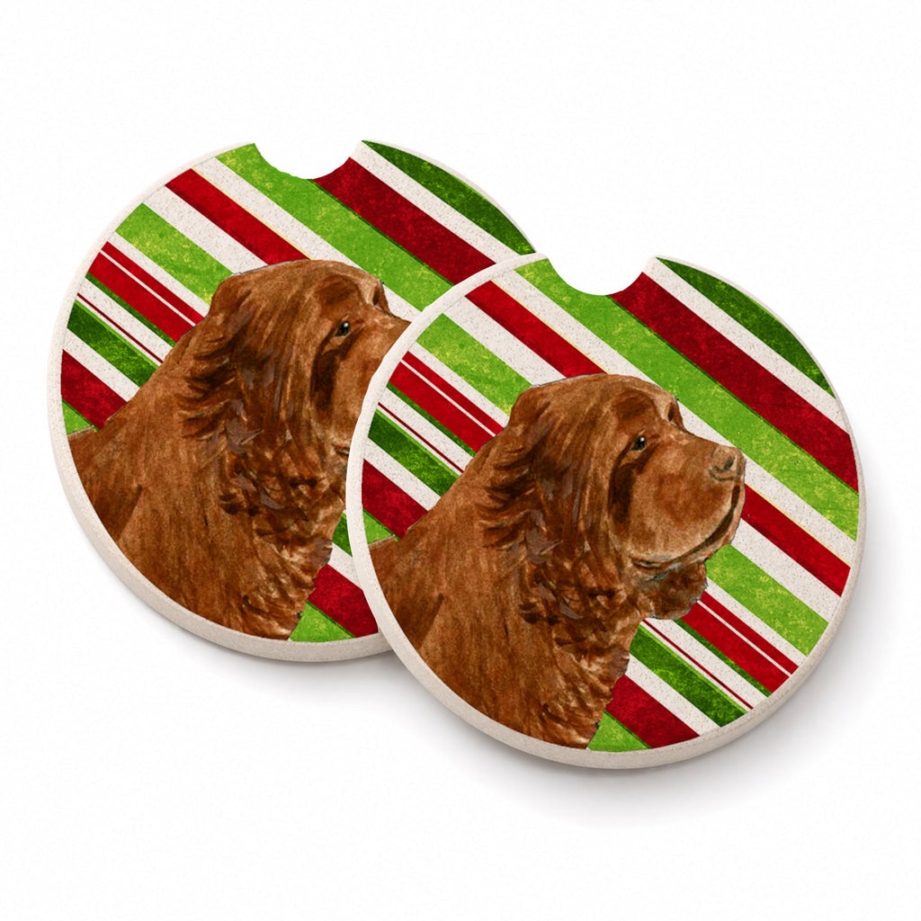 Sussex Spaniel Candy Cane Holiday Christmas Set of 2 Cup Holder Car Coasters Absorbent Round Sandstone Coasters Gifts for Men or Women, 2.5, Multicolor