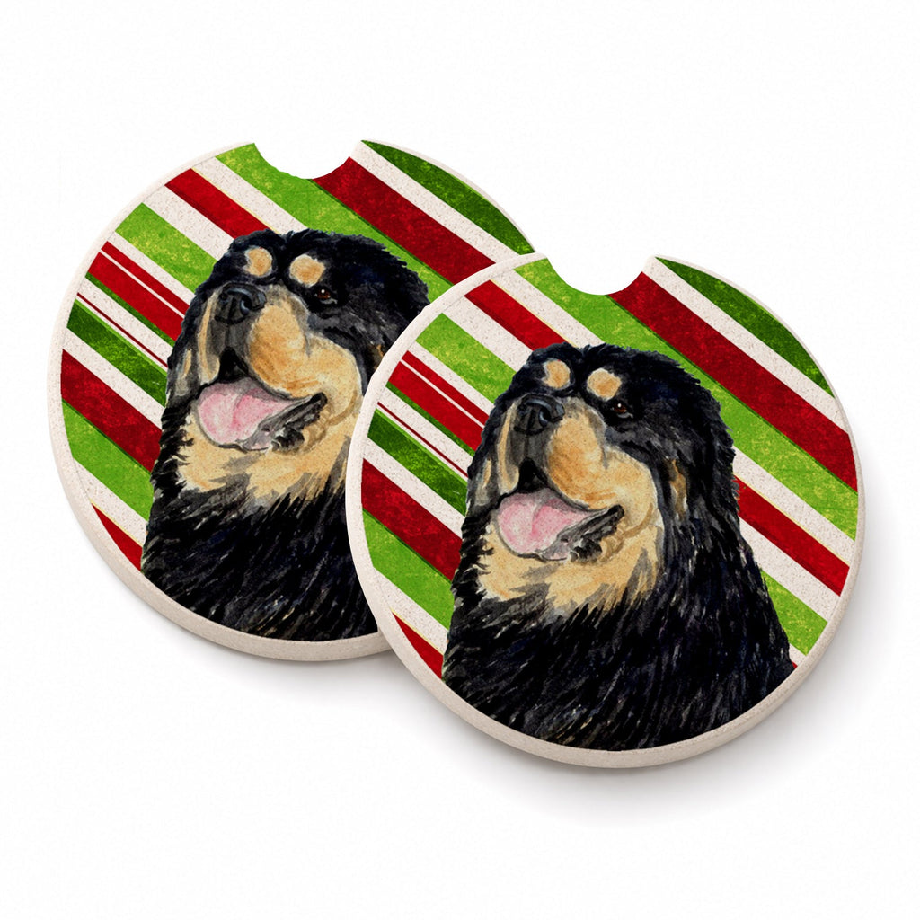 Tibetan Mastiff Candy Cane Holiday Christmas Set of 2 Cup Holder Car Coasters Absorbent Round Sandstone Coasters Gifts for Men or Women, 2.5, Multicolor