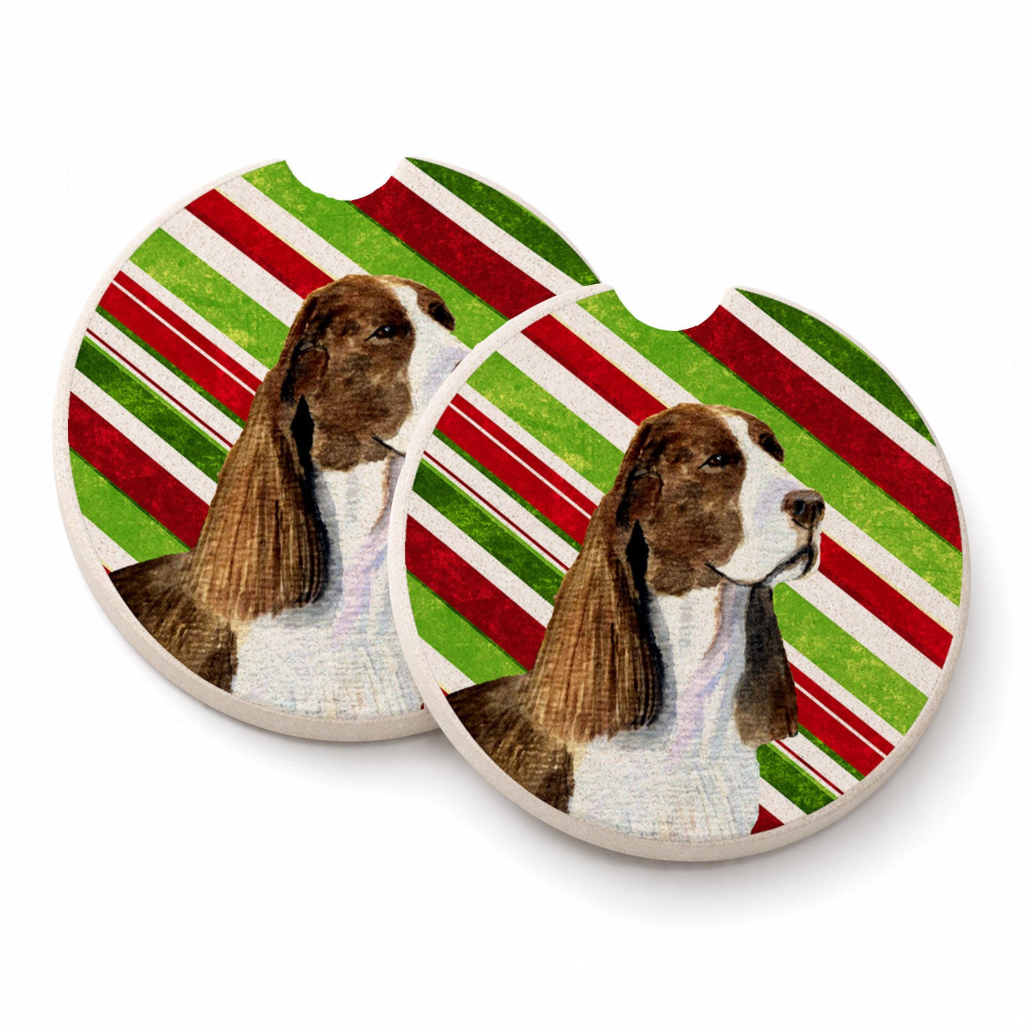 Springer Spaniel Candy Cane Holiday Christmas Set of 2 Cup Holder Car Coasters Absorbent Round Sandstone Coasters Gifts for Men or Women, 2.5, Multicolor