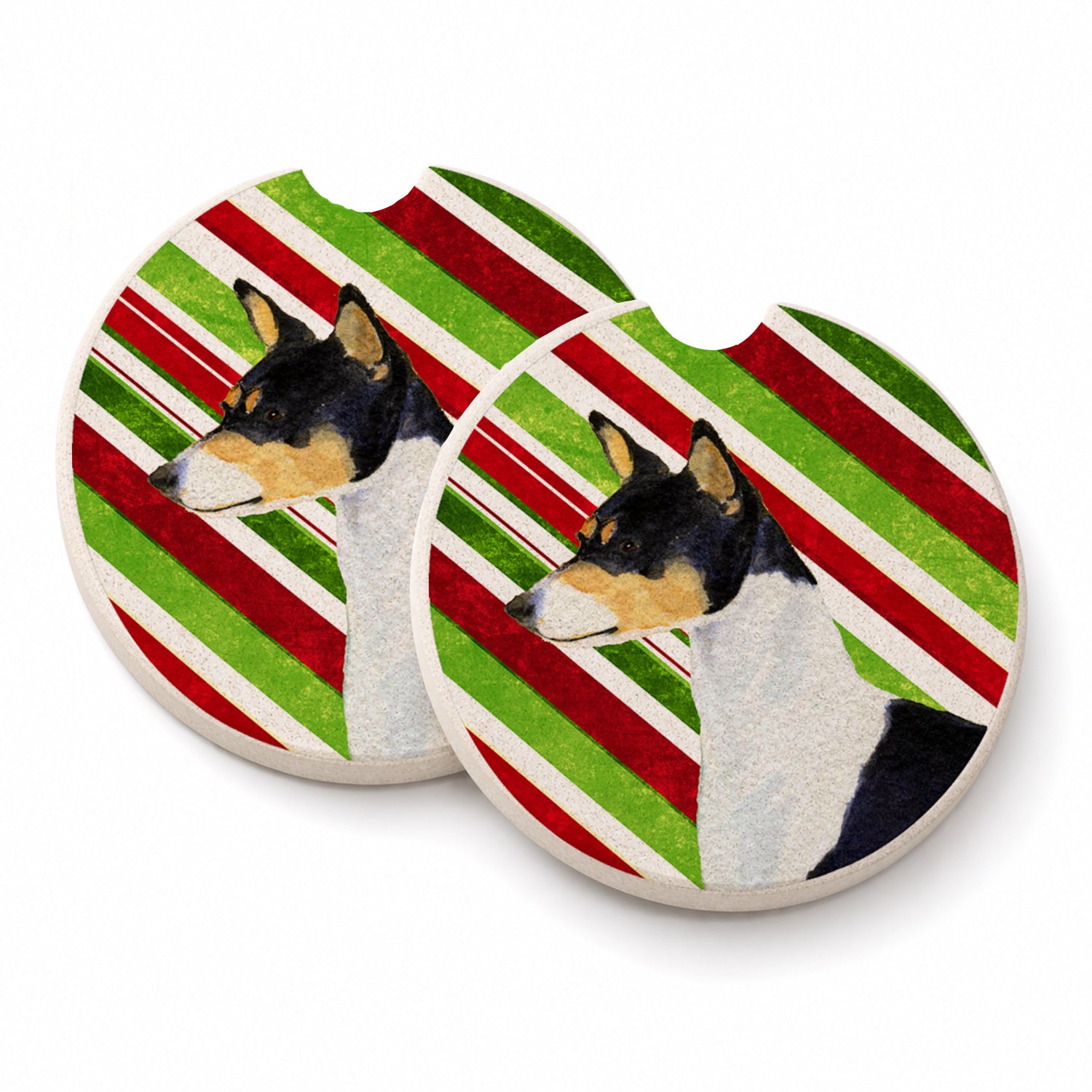 Basenji Candy Cane Holiday Christmas Set of 2 Cup Holder Car Coasters Absorbent Round Sandstone Coasters Gifts for Men or Women, 2.5, Multicolor