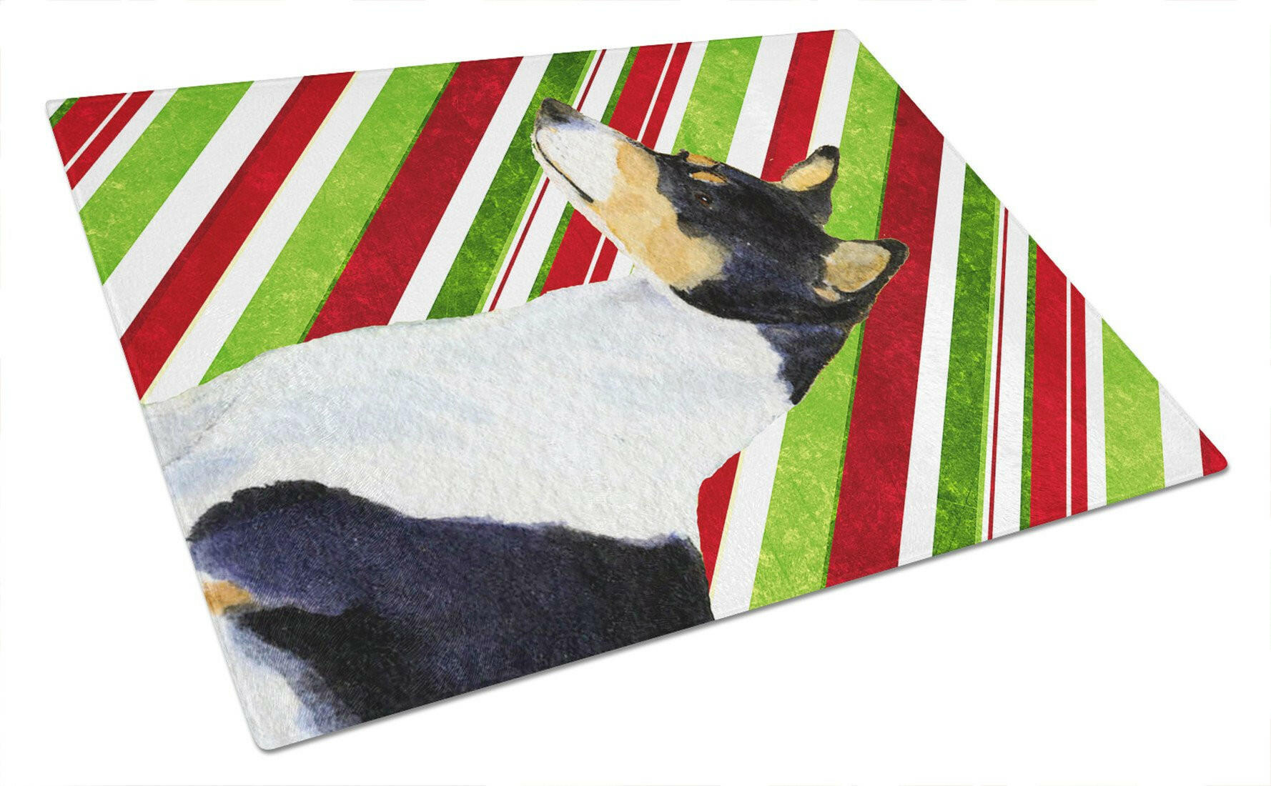 Basenji Candy Cane Holiday Christmas Cutting Board Tempered Glass Kitchen Cutting Surface, Heat Resistant Chopping, Non-Slip Feet, Food Prep & Serving