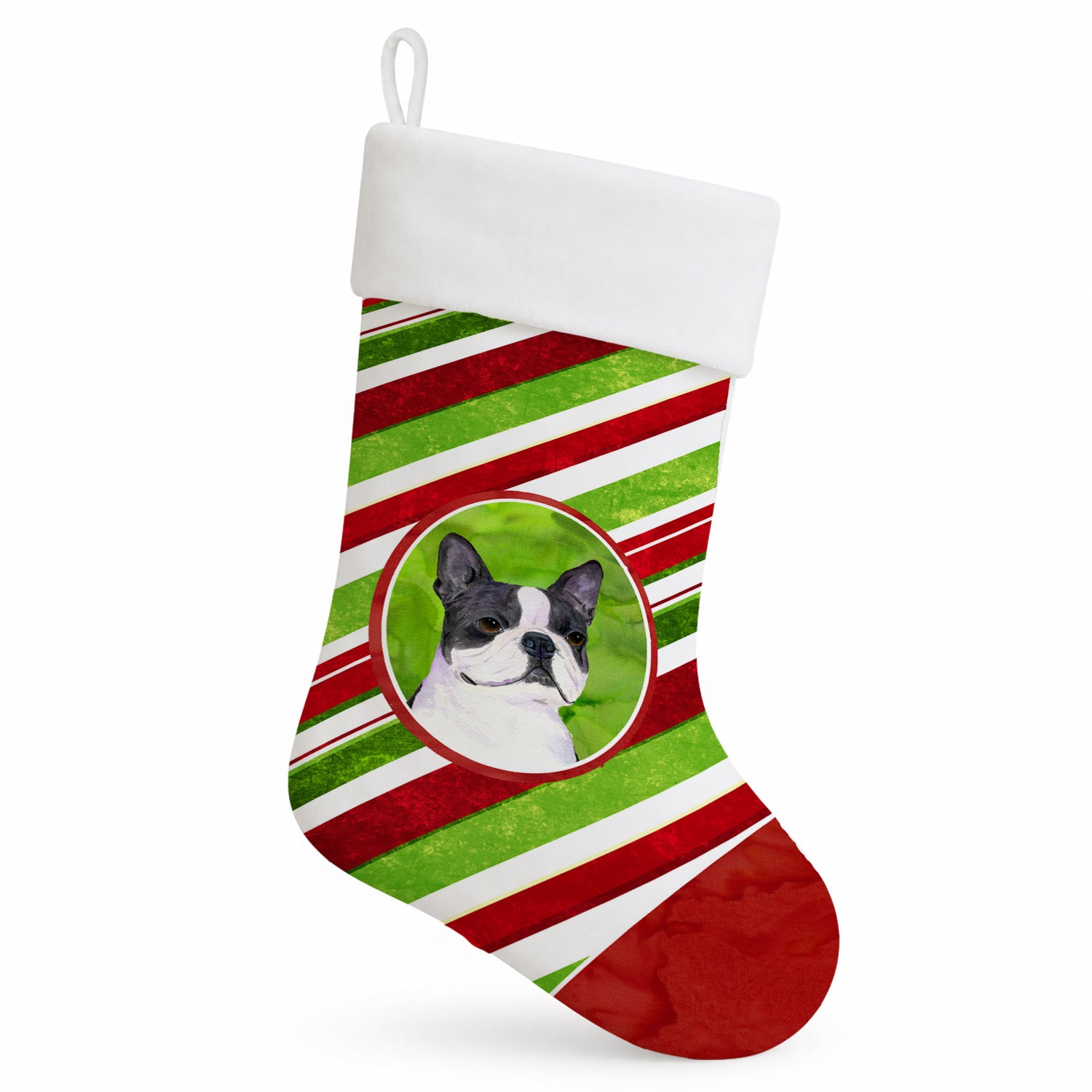 Boston Terrier Candy Cane Holiday Christmas Holiday Stocking Double-Sided Print, Polyester Suede,11x18, Made in USA