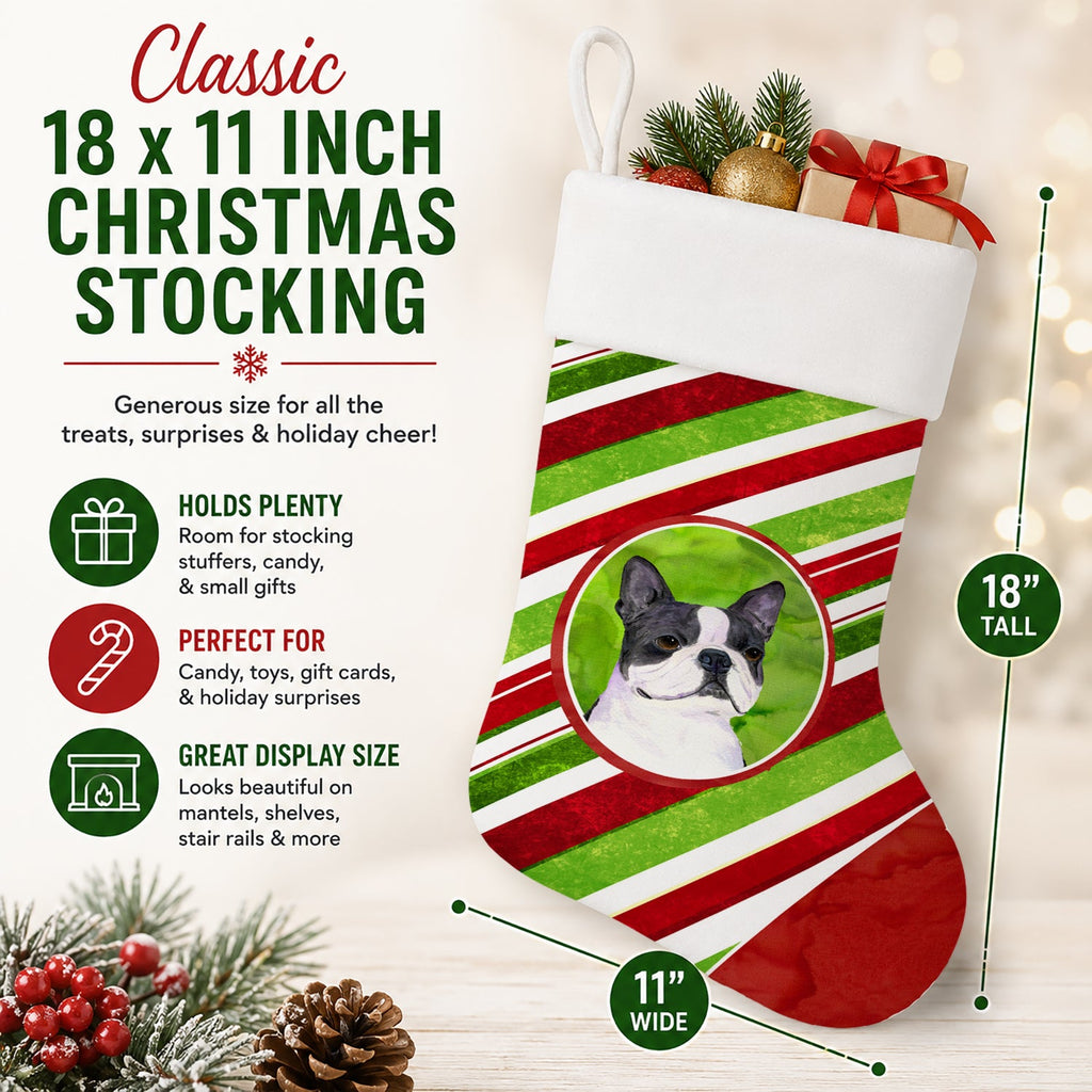 Boston Terrier Candy Cane Holiday Christmas Holiday Stocking Double-Sided Print, Polyester Suede,11x18, Made in USA
