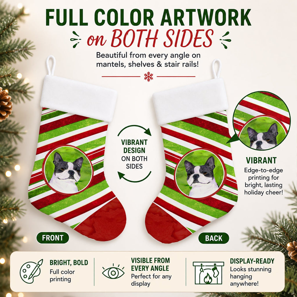 Boston Terrier Candy Cane Holiday Christmas Holiday Stocking Double-Sided Print, Polyester Suede,11x18, Made in USA