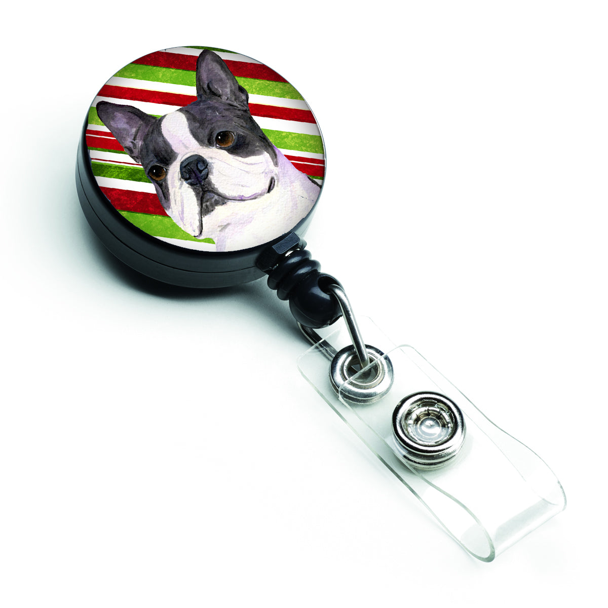 Boston Terrier Candy Cane Holiday Christmas Retractable Badge Reel for Nurses ID Badge Holder with Clip Retractable Employee Badge Holder, Belt Clip