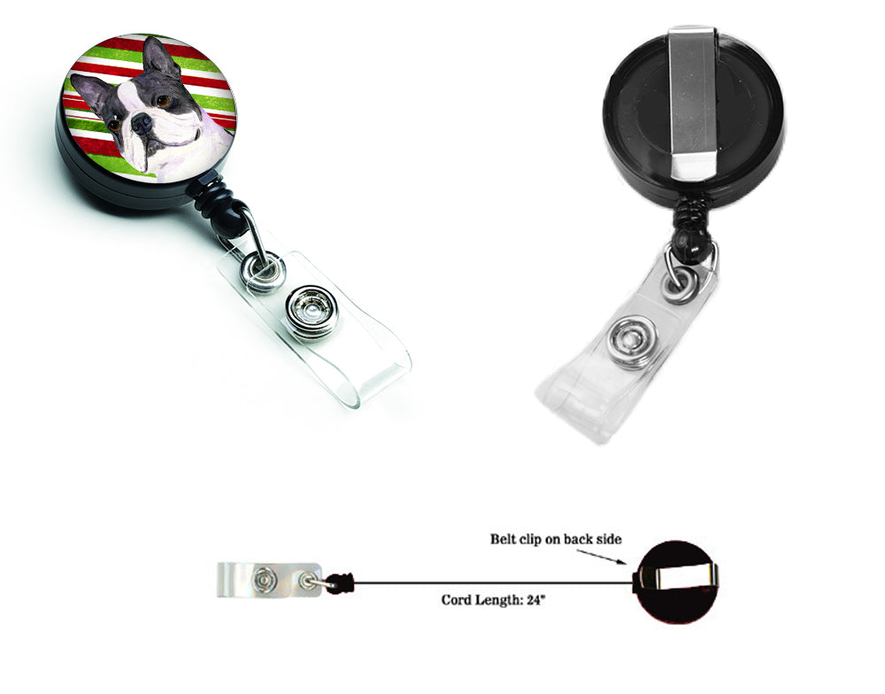 Boston Terrier Candy Cane Holiday Christmas Retractable Badge Reel for Nurses ID Badge Holder with Clip Retractable Employee Badge Holder, Belt Clip