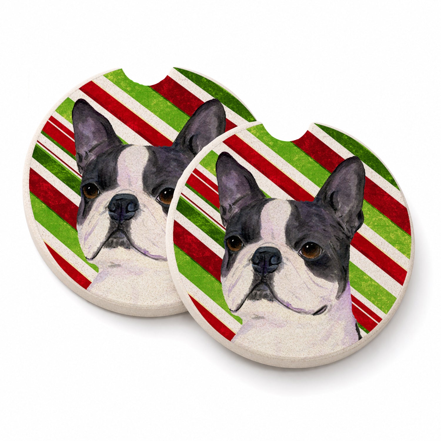 Boston Terrier Candy Cane Holiday Christmas Set of 2 Cup Holder Car Coasters Absorbent Round Sandstone Coasters Gifts for Men or Women, 2.5, Multicolor