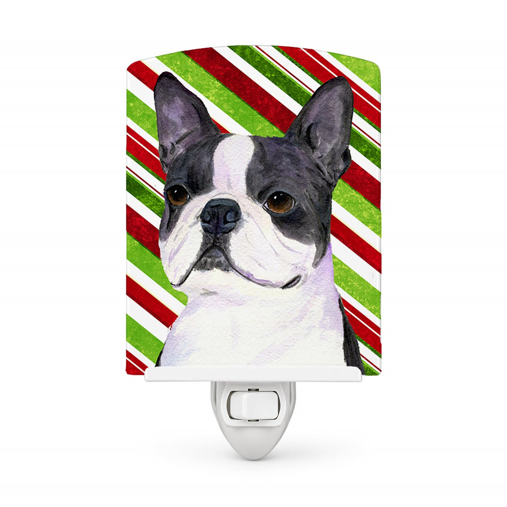 Boston Terrier Candy Cane Holiday Christmas Ceramic Night Light Compact, UL-Certified, Ideal for Bedroom, Bathroom, Nursery, Hallway, Kitchen, 6x4x3, Multicolor