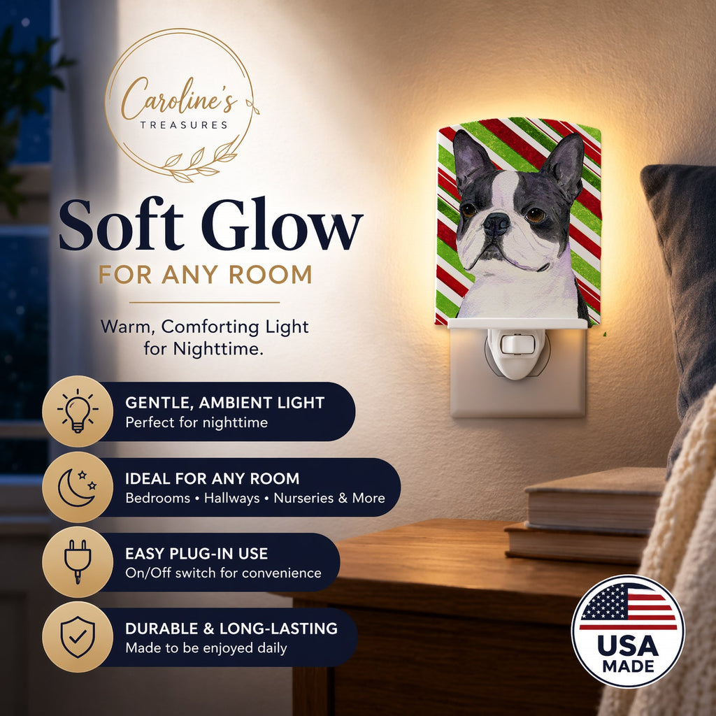 Boston Terrier Candy Cane Holiday Christmas Ceramic Night Light Compact, UL-Certified, Ideal for Bedroom, Bathroom, Nursery, Hallway, Kitchen, 6x4x3, Multicolor