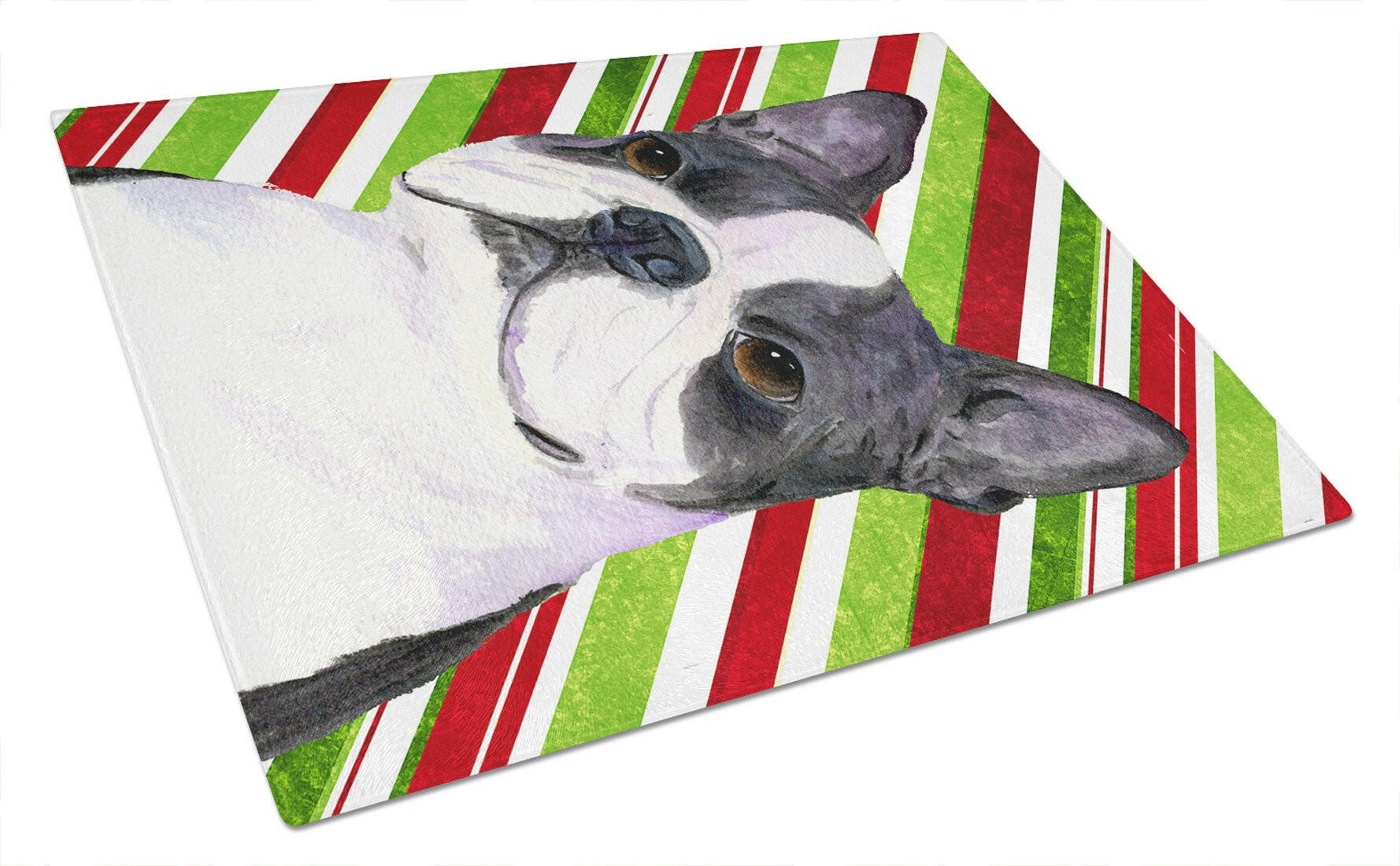 Boston Terrier Candy Cane Holiday Christmas Cutting Board Tempered Glass Kitchen Cutting Surface, Heat Resistant Chopping, Non-Slip Feet, Food Prep & Serving