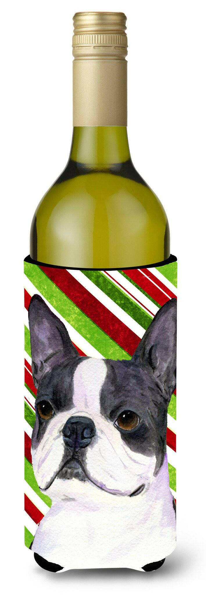 Boston Terrier Candy Cane Holiday Christmas Wine Bottle Hugger Gift Sleeve for Standard 750 ml Bottles, Insulated Reusable Also Fits Mini Shot & Pint Bottles