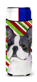 Boston Terrier Candy Cane Holiday Christmas Slim Can Hugger , Insulated Foam Hugger for 12 oz Slim Cans, Beer Bottles & Water Bottles, Printed in USA